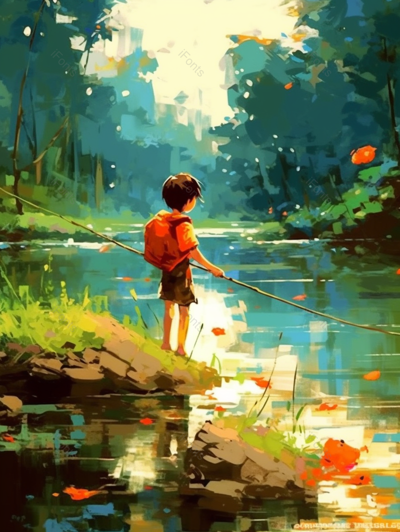 拿着竹竿河边捕鱼的小男孩手绘插画图,插画/手绘图,插画/手绘图库,插画/手绘图下载,插画/手绘